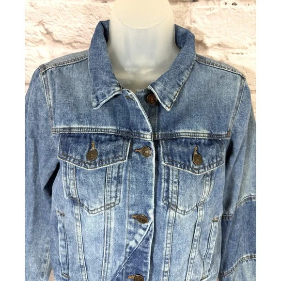 Free People Denim Jean Jacket Womens Small Contrasting Blue Panel Trucker Coat - Picture 5 of 10